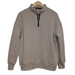 Beige Quarter-Zip Pullover Sweatshirt Women's Medium Relaxed Fit Drop Shoulder